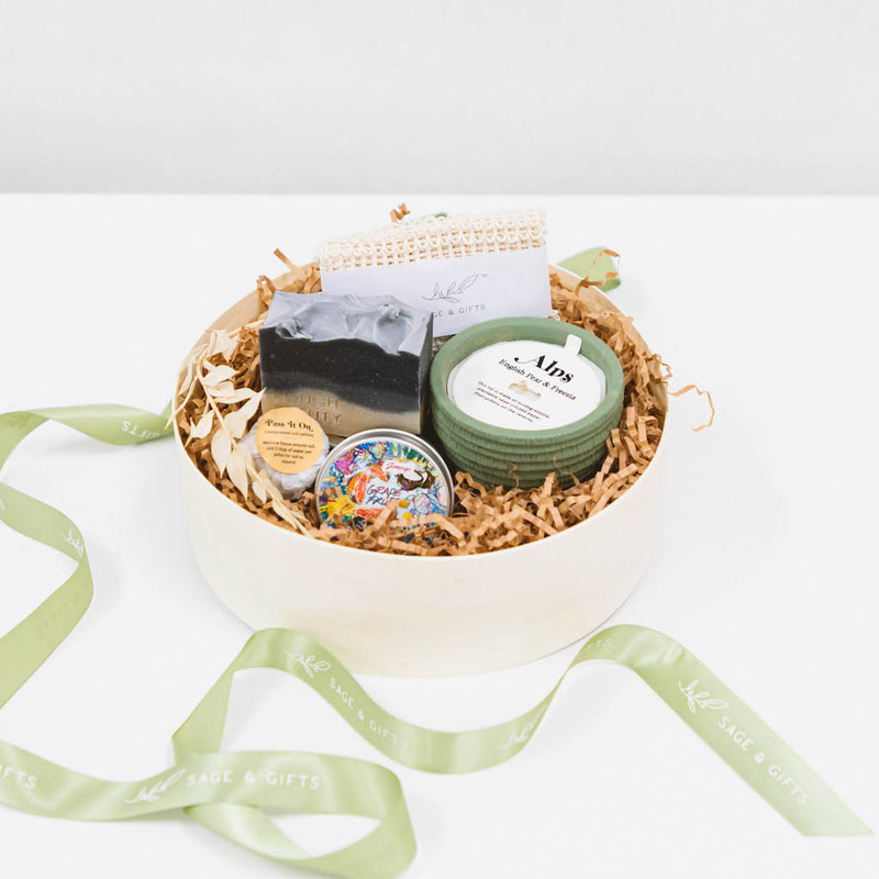 sage and gifts self care gift with rough beauty soap, pass it on candle, jomingo hand balm
